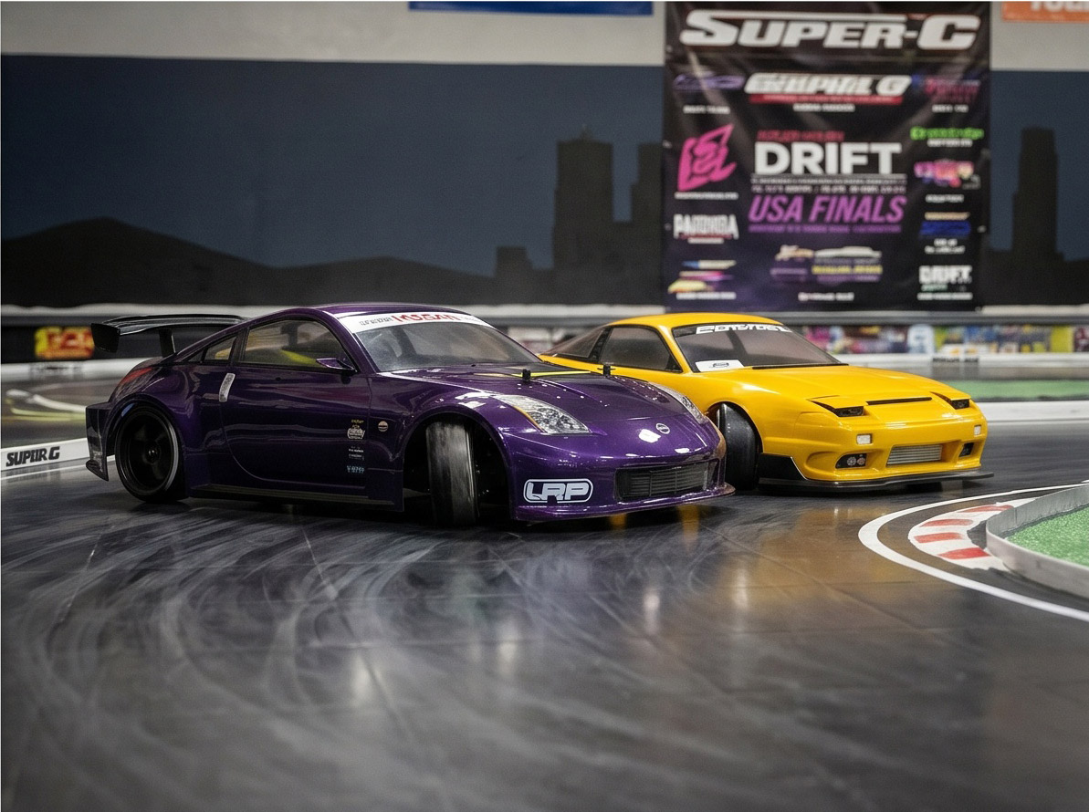 Tandem drift run — two cars side by side through the outer arc at Orbital RC
